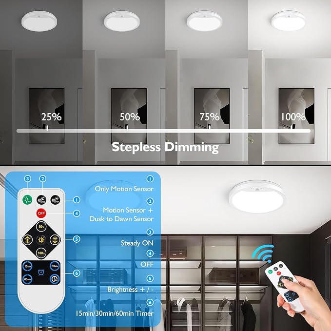 9" Rechargeable Motion Sensor Ceiling Light with Remote, Battery Operated